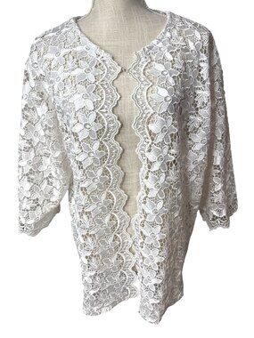 Handmade White Floral Lace Open Front Cardigan 3/4 Sleeves Elegant L